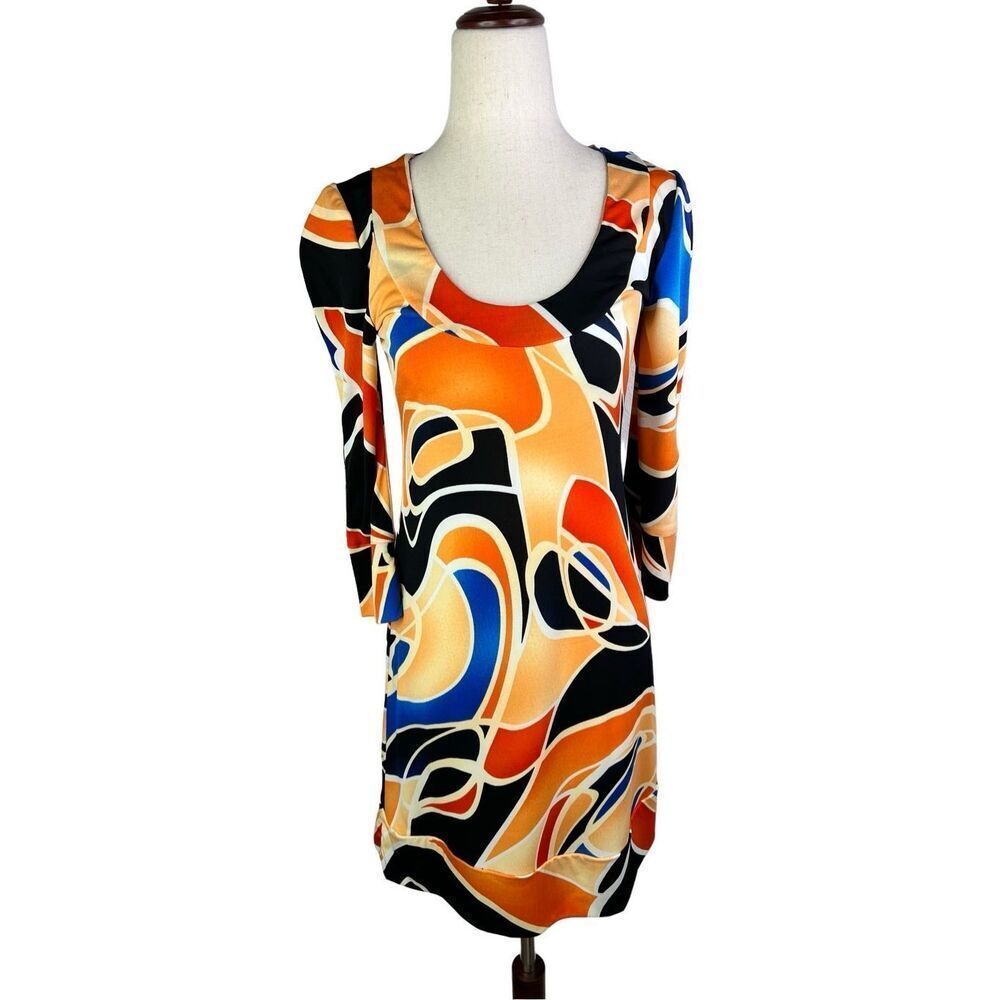 Karlie dress women’s Small orange black white geometric fit & flare 3/4 sleeve